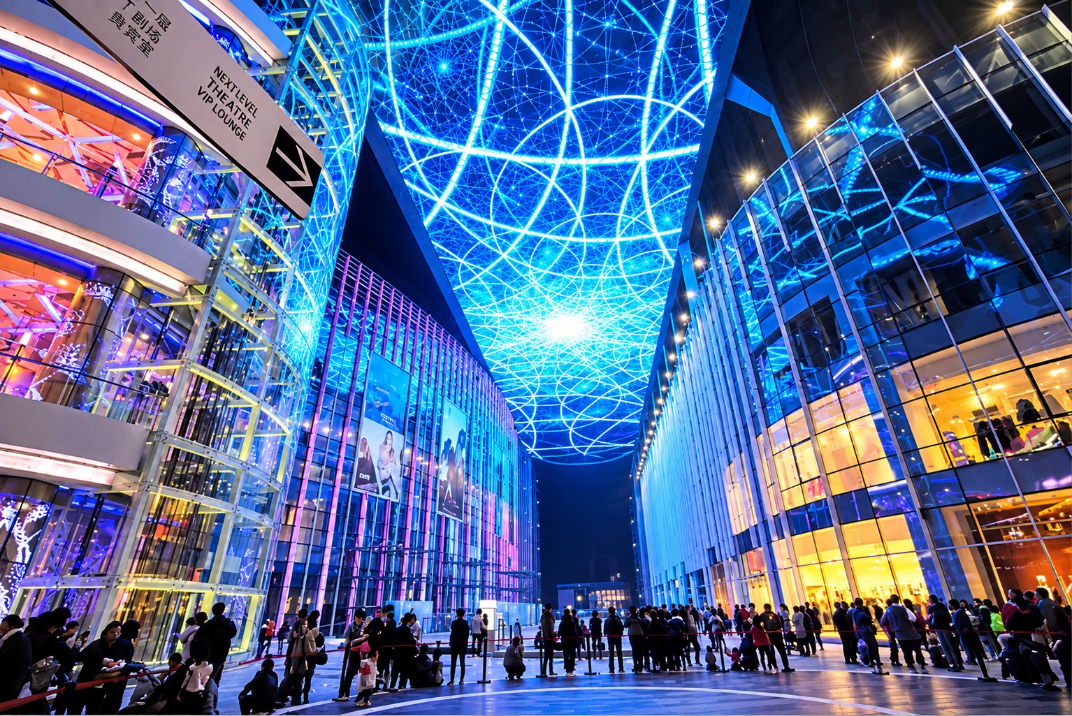 Ceiling LED screen spanning a shopping mall atrium at night, with crowds gathered below