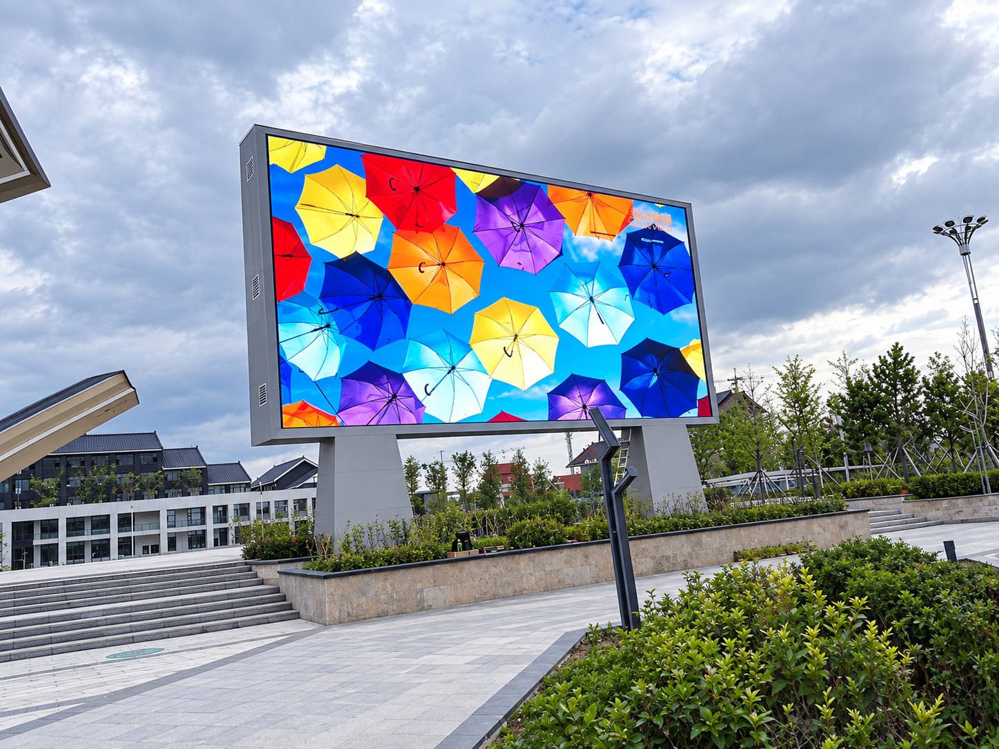 Outdoor LED billboard showing vivid umbrella artwork in bright daylight