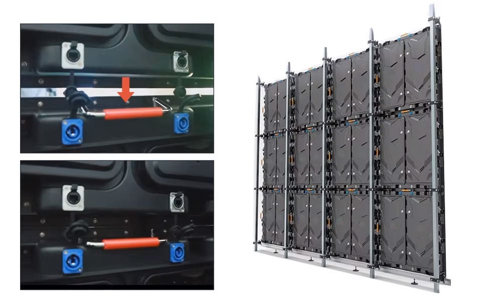 Quick-lock assembly detail and a multi-cabinet outdoor LED wall on its frame