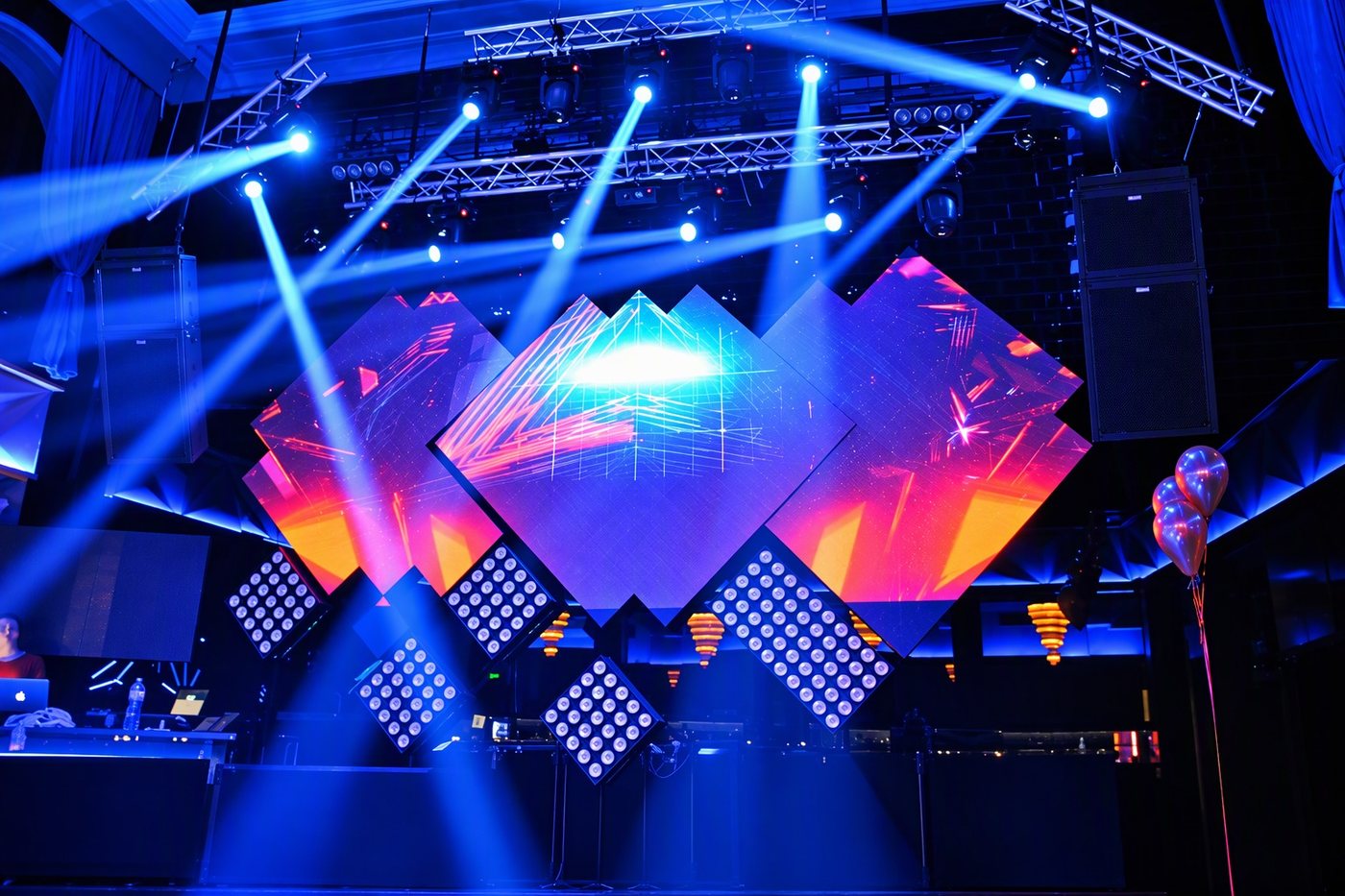 Rental LED video wall forming the backdrop of a live concert stage