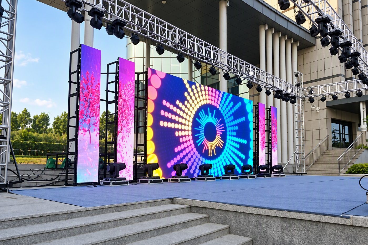 Rental LED screens being assembled into an outdoor event stage